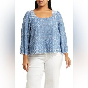 Caslon Pretty Embroidered Eyelet Cotton Top in Blue Coronet Size Large